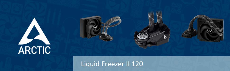 Four parts in the images, from left to right: Arctic logo, liquid cooler angled to the right, detail view of the pump assembly, and front view of the liquid cooler.